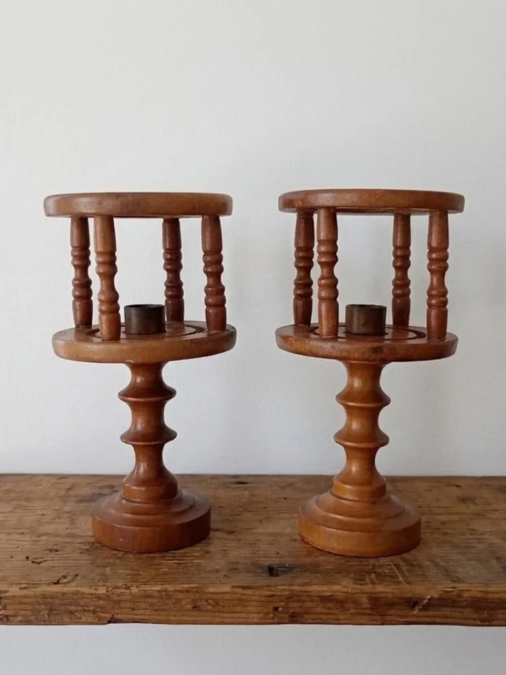 Vintage Turned Wood Candle Holder Pair Cage Spindle Taper Rustic Farmhouse MCM